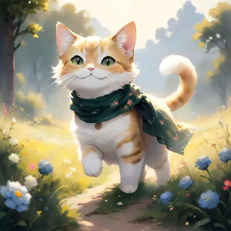 professional painting by Alayna Lemmer of a single cat wearing a small silk scarf. The cat is walking and has happy expression. It is summer morning time and clear weather. There is a field with pretty flowers in the background. cinematic focus on the cat, dynamic pose, dynamic background, dynamic composition, dynamic lighting, realistic proportions, hdr, raytracing,  extreme detailed, ultra detailed, intricate details,  highly detailed atmosphere, highly detailed textures.