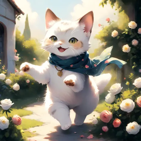 professional painting by Alayna Lemmer of a single cat wearing a small silk scarf. The cat is dancing and has happy expression. It is summer morning time and clear weather. There is a roses garden in the background. cinematic focus on the cat, dynamic pose, dynamic background, dynamic composition, dynamic lighting, realistic proportions, hdr, raytracing,  extreme detailed, ultra detailed, intricate details,  highly detailed atmosphere, highly detailed textures.