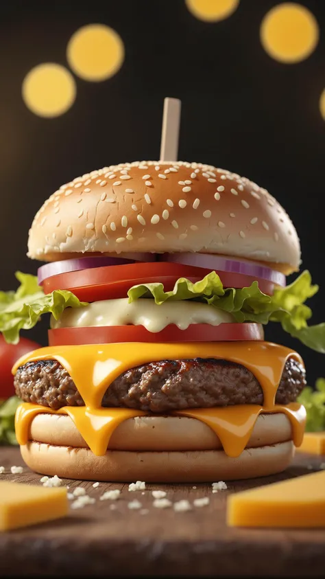 Photo of a burger with cheese from food photograph, food photography, photorealistic, ultra realistic, maximum detail, foreground focus, epicurious, 8k, volumetric light, cinematic, octane render, realistic photo, no blur, depth of field, dof, bokeh
