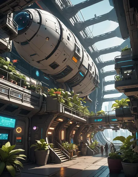 a city inside of a space ship, cyberpunk, high ceiling, trading post, (crowded marketplace:1.2) cyborgs, billboards, exterior hull visible through windows, cosmos, curved floor, rotating space station, plants growing from walls, solarpunk marketplace on a starship