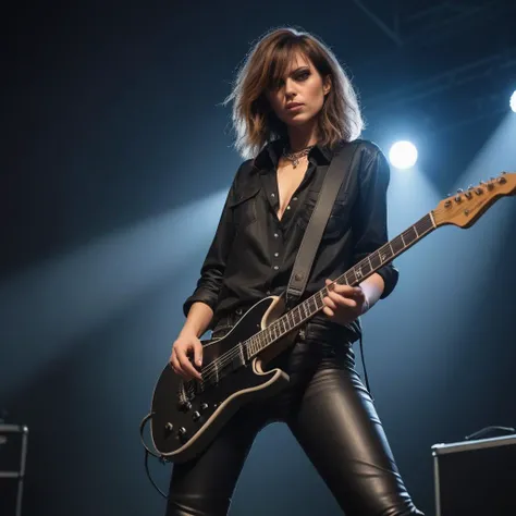 a female rockstar with leather pants and a buttoned down shirt, with an electric guitar in her hands, standing on a stage. Dark, stage lighting