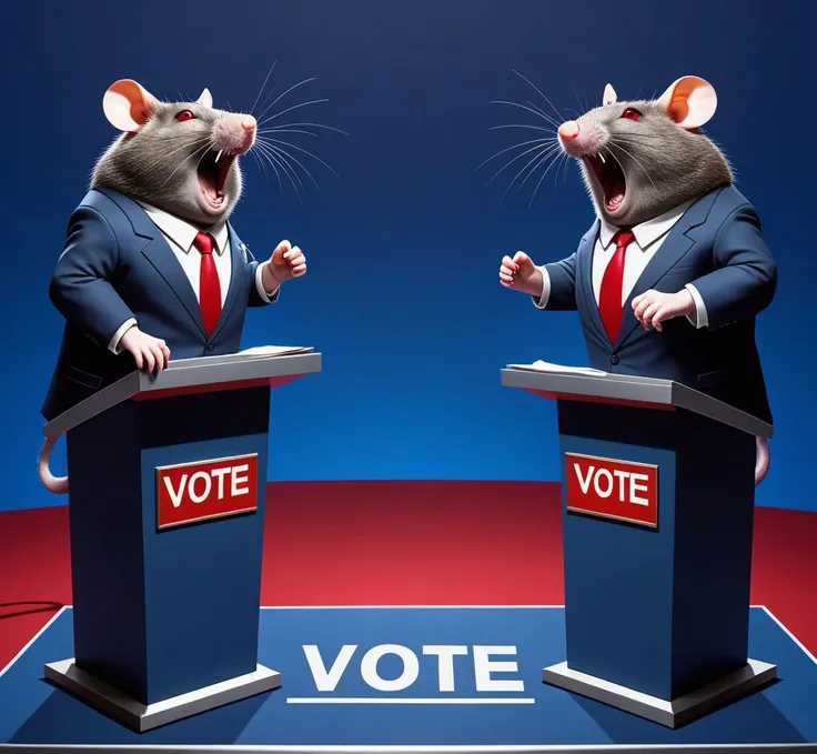 Two fat evil  angry rats with red eyes wearing business suits,  screaming and debating each other (((behind))) podiums, on  a political debate stage, opponents, dynamic, highly detailed, deep  blue background,  <lora:studio_SDXL_V1:.7> recbooth, controlroom,
 the floor has the word VOTE written on it