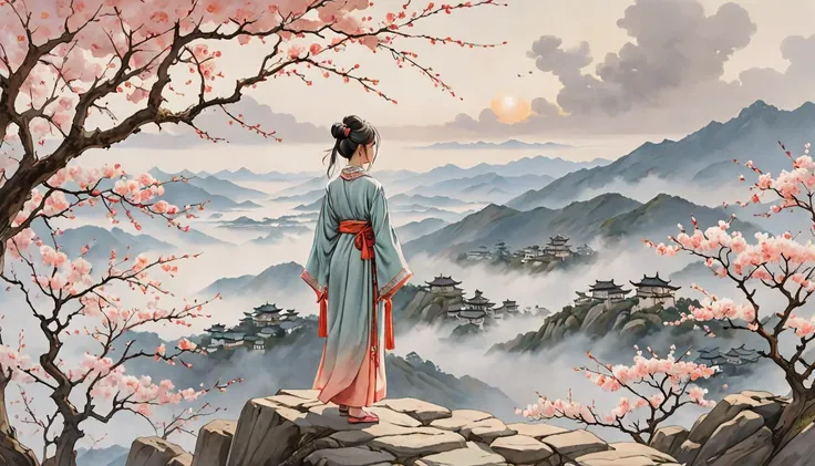 Positive prompt:
watercolor painting A breathtaking panoramic view of a misty, from below, ethereal Chinese landscape featuring peach blossoms falling gently to the ground, young 1girl in traditional oriental attire stands atop a hill, her figure slightly hazy and otherworldly as she gazes out upon the swirling vortexes of white and gray clouds that surround her, with a super wide-angle lens for maximum impact, official art, style of Hiroshi Yoshida, . vibrant, beautiful, painterly, detailed, textural, artistic