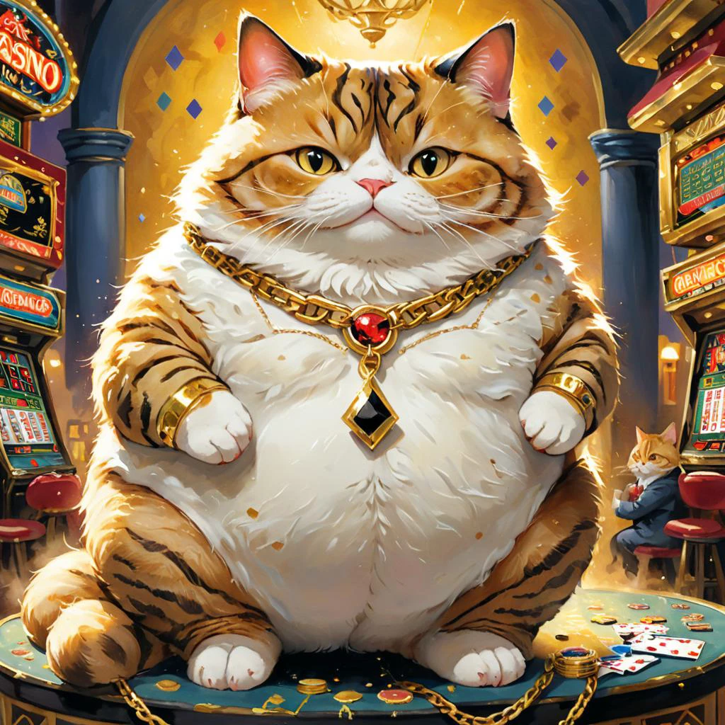 professional ultra detailed painting of a fat cat by Alayna Lemmer. The cat is wearing a gold chain on its neck. There is a casino in the background.