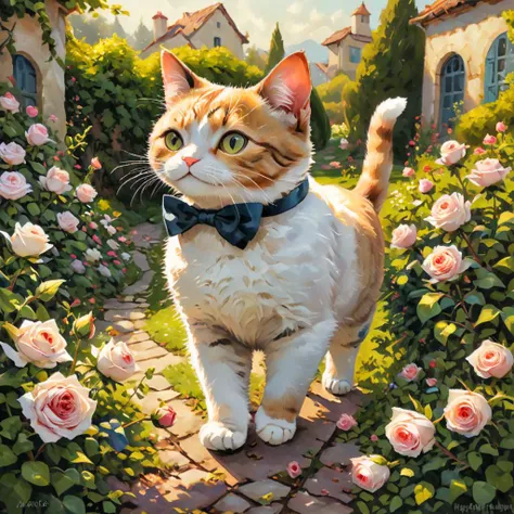 professional painting by Alayna Lemmer of a cat walking  through a roses garden. The cat is wearing a small silk bowtie. It is spring morning time and clear weather. sharp focus on the cat, dynamic pose, dynamic background, dynamic composition, dynamic lighting, realistic proportions, intricate details, 16k resolution, hdr, raytracing.