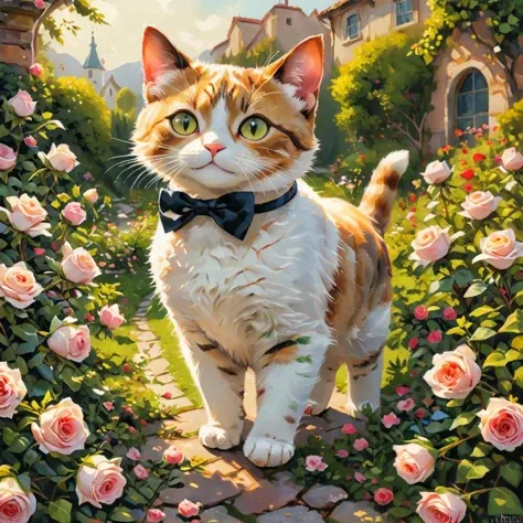 professional painting by Alayna Lemmer of a cat walking through a roses garden. The cat is wearing a small silk bowtie. It is spring morning time and clear weather. sharp focus on the cat, dynamic pose, dynamic background, dynamic composition, dynamic lighting, realistic proportions, intricate details, 16k resolution, hdr, raytracing.