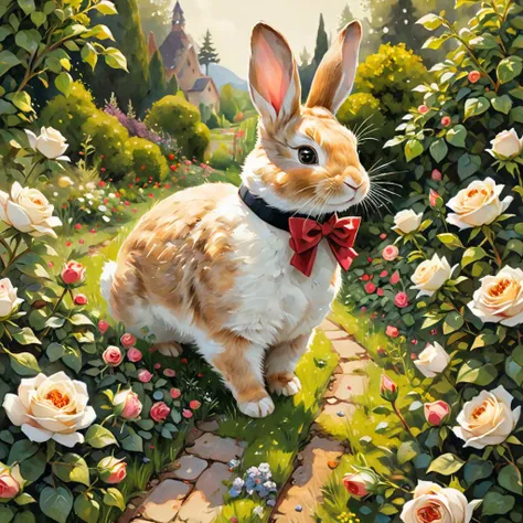 professional painting by Alayna Lemmer of a rabbit walking through a roses garden. The rabbit is wearing a small silk bowtie. Smooth focus on the rabbit, dynamic pose, dynamic background, dynamic composition, dynamic lighting, realistic proportions, intricate details, 16k resolution, hdr, raytracing.