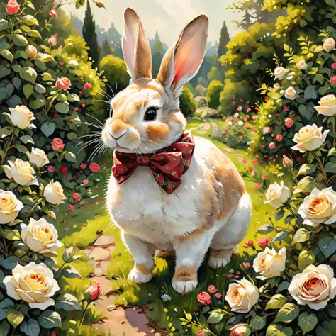 professional painting by Alayna Lemmer of a rabbit walking through a roses garden. The rabbit is wearing a small silk bowtie. Smooth focus on the rabbit, dynamic pose, dynamic background, dynamic composition, dynamic lighting, realistic proportions, intricate details, 16k resolution, hdr, raytracing.