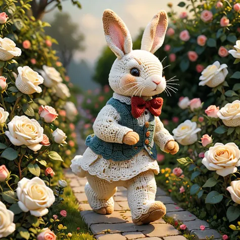 professional amigurumi by Alayna Lemmer of a rabbit walking through a roses garden. The rabbit is wearing a small silk bowtie. Smooth focus on the rabbit, dynamic pose, dynamic background, dynamic composition, dynamic lighting, realistic proportions, intricate details, 16k resolution, hdr, raytracing.