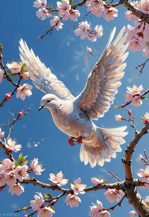 professional painting by Alayna Lemmer of a cute dove flying by a sakura tree. It is spring morning time and clear weather. Smooth focus on the dove, dynamic pose, dynamic background, dynamic composition, dynamic lighting, realistic proportions, intricate details, 16k resolution, hdr, raytracing.