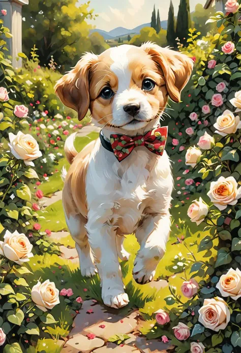 professional painting by Alayna Lemmer of a puppy walking through a roses garden. The puppy is wearing a small silk bowtie and has pleased expression. Smooth focus on the puppy, dynamic pose, dynamic background, dynamic composition, dynamic lighting, realistic proportions, intricate details, 16k resolution, hdr, raytracing.