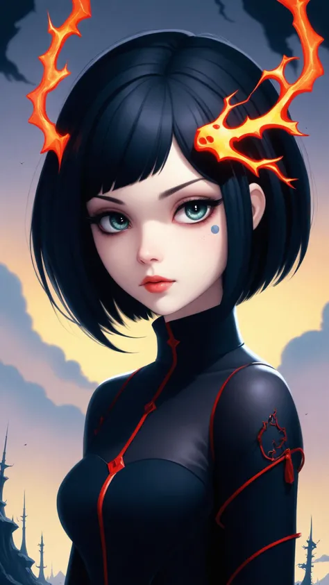 kawaii cute goth girl in a cartoon style, 1girl,solo, upper body, looking at viewer, white background, bob cut, short hair, multicolored hair, makeup, parted lips, black lips, eyeliner, gothic, goth girl, In a desolate, moonlit landscape, a lone figure emerges, their silhouette contorted and grotesque against the eerie glow, Closer inspection reveals a fusion of organic and mechanical pulsating flesh intertwining with cold, metallic structures, The figure's skin appears as if it's unraveling, revealing glimpses of something otherworldly beneath, The air is thick with an otherworldly hum, and a sickly, iridescent light emanates from the aberrant fusion, This image prompt invites exploration into the realm of body horror, prompting creative minds to unravel the unsettling narrative within this grotesque tableau