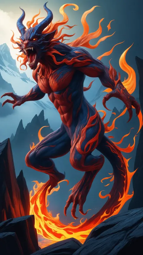 (8k, RAW photo, highest quality), hyper realist, intricate abstract, intricate artwork, abstract style, striking portrait, menacing, otherworldly creature, [demon:darkness:35], [flames:magma:40], with swirling flames cascading from its body, fearsome power and ethereal presence, non-representational, colors and shapes, expression of feelings, imaginative, highly detailed, extremely high-resolution details, photographic, realism pushed to extreme, fine texture, 4k, ultra-detailed, high quality, high contrast