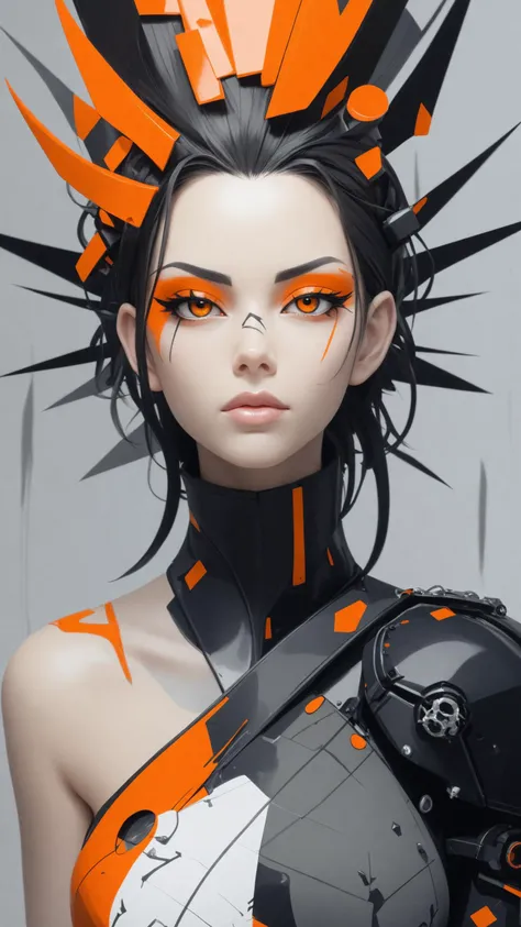 A poster of the Junker Queen from Overwatch, in the style of Dau-al-Set, Pollock, and inspired by MAPPA and Zdzislaw Beksinski, The poster features a close-up of the Junker Queen's face, with bold, abstract brushstrokes in shades of red, orange, and yellow, The background is a chaotic, abstract landscape with jagged, geometric shapes in shades of black white and gray, The overall effect is both beautiful and unsettling, capturing the essence of the Junker Queen's fierce and unpredictable nature