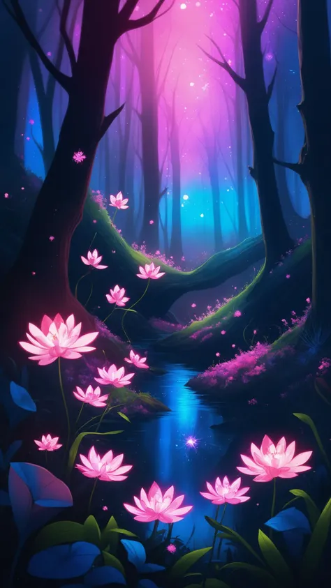 Ink illustration, bioluminescent pink flower, fabulous night forest, magical radiance, Concept art, depth of fieldm, realistic, cinematic lighting, soft shadows,fractal, colorful, depth of field, vivid colors, volumetric lighting, ink stains, ink splatters, ink runs, ink spots, faded ink linquivera, mentixis