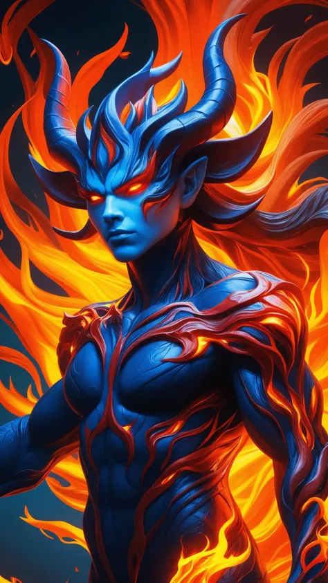 (8k, RAW photo, highest quality), hyper realist, intricate abstract, intricate artwork, abstract style, striking portrait, menacing, otherworldly creature, [demon:darkness:35], [flames:magma:40], with swirling flames cascading from its body, fearsome power and ethereal presence, non-representational, colors and shapes, expression of feelings, imaginative, highly detailed, extremely high-resolution details, photographic, realism pushed to extreme, fine texture, 4k, ultra-detailed, high quality, high contrast