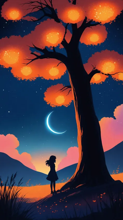 1girl, (from side), (silhouette:1.2), profile, big hair, masterpiece, best quality, light particle, depth of field, field, scenery, fantasy, indigo light, (far away:1.1), cute girl, midriff, tribal sash, pastel colors, chromatic aberration, glow in the dark dark, cloudy sky, space, orange aura, aura, cinematic, dark atmosphere, night, dark hole, glowing eyes, teal light, illumination, light rays, eye in the sky, (grass:0.9), falling petals, sitting, sitting under tree, orange-red sky, evening, orange lighting, cartoon