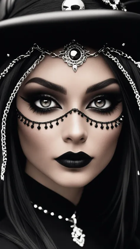 face close up, glamour photography of a random stylish goth girl, edgy vibe, dark, mascara, eyeliner, dark cheeks, Unique facial piercings with ornate jewelry, Round eyes, Dimples, Smoky eye makeup, Defined jawline, skin pores, shiny skin, grainy, harsh flash lighting, sepia tone
