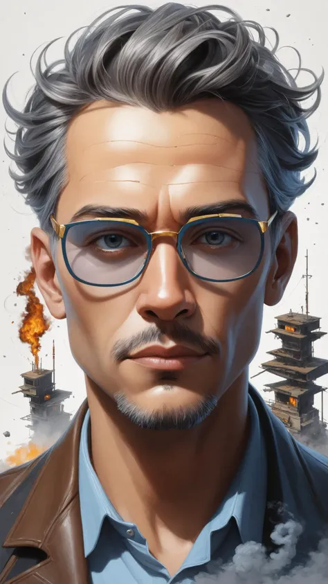 designed by greg manchess,smoke, Close Portrait of a man, bright eyes, matte lips, cigarette, futuristic, gold glasses, trending on art station, photoreal, 8 k, octane render by greg rutkowski, art by Carne Griffiths and Wadim Kashin, in the style of Dau-al-Set, Pollock, and inspired by MAPPA and Zdzislaw Beksinski