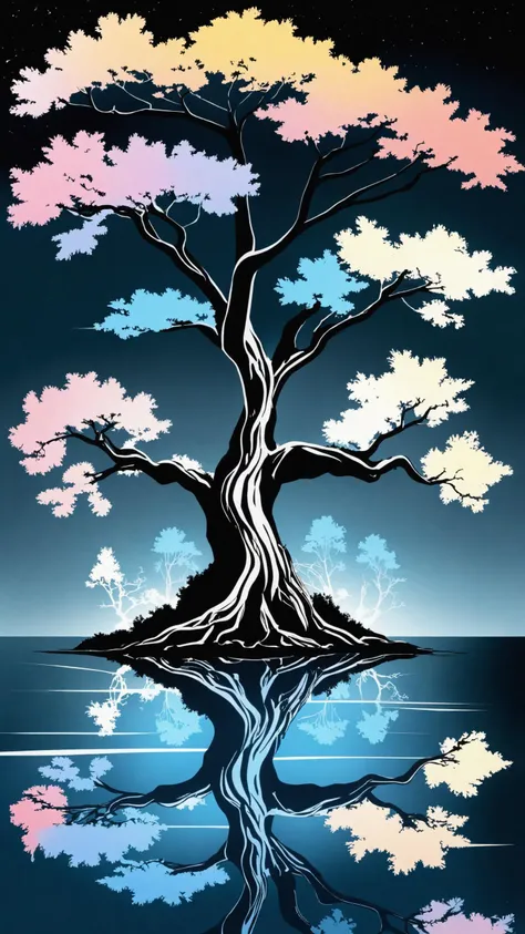 ink illustration, ink stains, ink splatters, ink runs, ink spots, faded ink, dramatic bonsai tree, plant on black reflective surface, sunrise, detailed, amazing natural lighting, pastel colors, weeping for the lost children, asymmetrical fractal pattern, futscribe, technical sketch