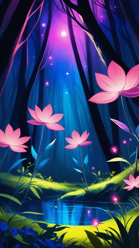 Ink illustration, bioluminescent pink flower, fabulous night forest, magical radiance, Concept art, depth of fieldm, realistic, cinematic lighting, soft shadows,fractal, colorful, depth of field, vivid colors, volumetric lighting, ink stains, ink splatters, ink runs, ink spots, faded ink linquivera, mentixis