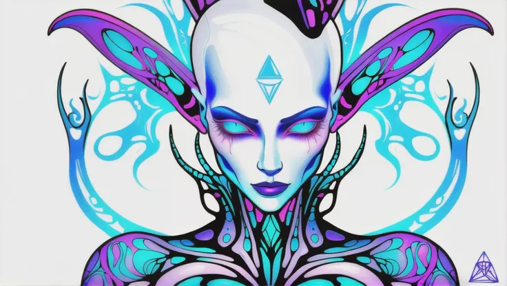 fantasy, psychedelic, aerial shot of a alien,ripped_white_bodysuit_nylon, crazy_eyes,, lust_demon,spell-casting,sheer_blood_mage_robes,tattoos,(glowing_vivid_inked_tattoos:1.4), breasts,nsfw,