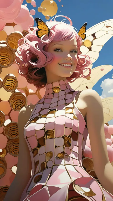 designed by greg manchess, pink girl android dressed in apple butterfly cloud, smile,gold honeycomb, trending on art station, photoreal, 8 k, octane render by greg rutkowski, art by Carne Griffiths and Wadim Kashin ,in the style of Dau-al-Set, Pollock, and inspired by MAPPA and Zdzislaw Beksinski, <lora:add-detail-xl:1> <lora:AshleyWoodArtAILccp:0.8> <lora:FF-TentacleFFashion4:1>