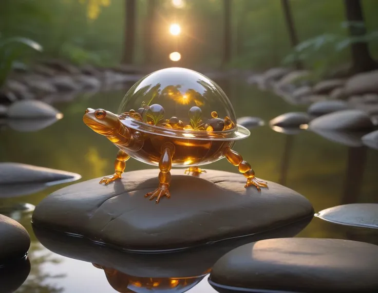 A sleek futuristic glass box turtle perches gracefully on a smooth river rock in the middle of a small stream, its webbed robot feet dangling just above the tranquil waters, The serene scene is bathed in warm hues as the sun sets in the distance, casting an ethereal glow over everything, evocative image exudes a sense of peacefulness and wonder, inviting viewers to lose themselves in its dreamy atmosphere, <lora:f412glass_base_c:0.6>, <lora:xl_more_art-full_v1:0.6>,