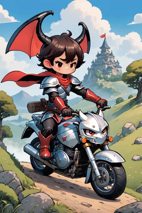 cute comic, a warrior enjoys a vast countryside vista from his motorbike, huge sword on his back, cute demon companion