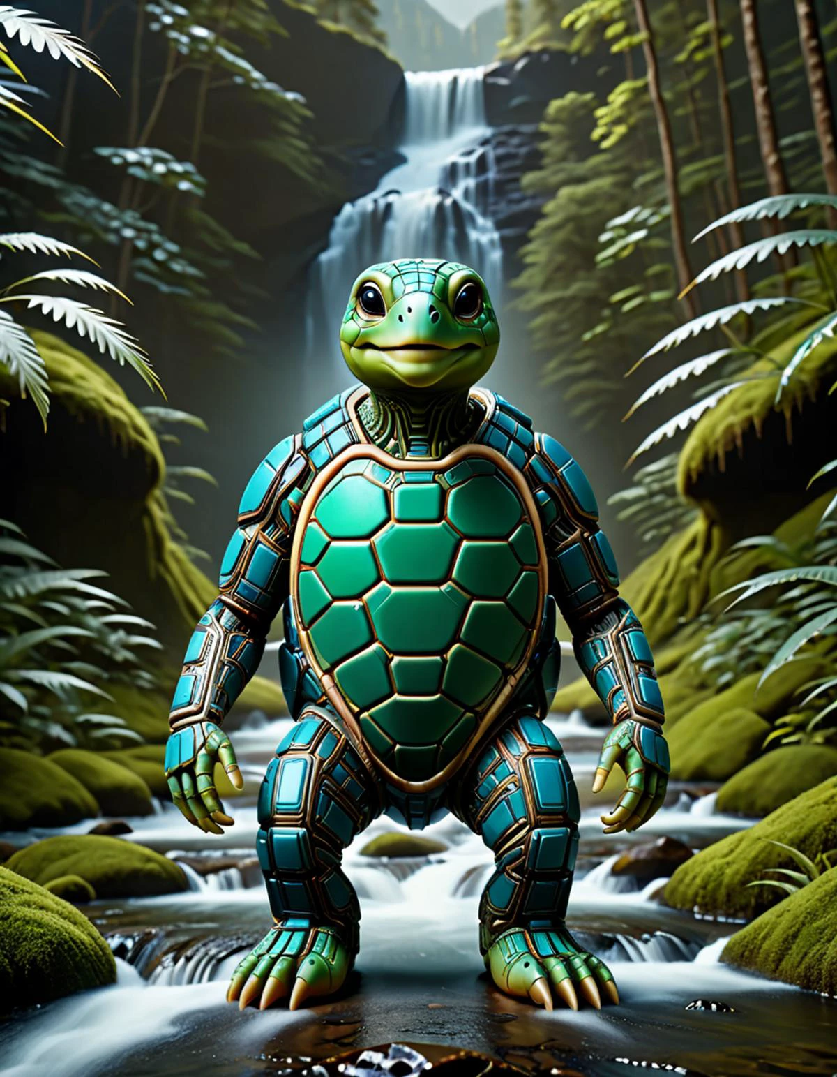 cinematic film still A smiling, alien turtle made of ral-semiconductor wearing a translucent stillsuit is shown in the midst of mountain path near a waterfall, from above, its chest is wide and imposing revealing its non-human form, volumetric water vapors swirls around it as if caught by an unseen wind, background features a lush forest and dark sky, detailed, realistic, 8k uhd, high quality, style of James Stokoe, . shallow depth of field, vignette, highly detailed, high budget, bokeh, cinemascope, moody, epic, gorgeous, film grain, grainy, <lora:ral-semiconductor:1>, <lora:StillsuitXL_v1.32:0.4>