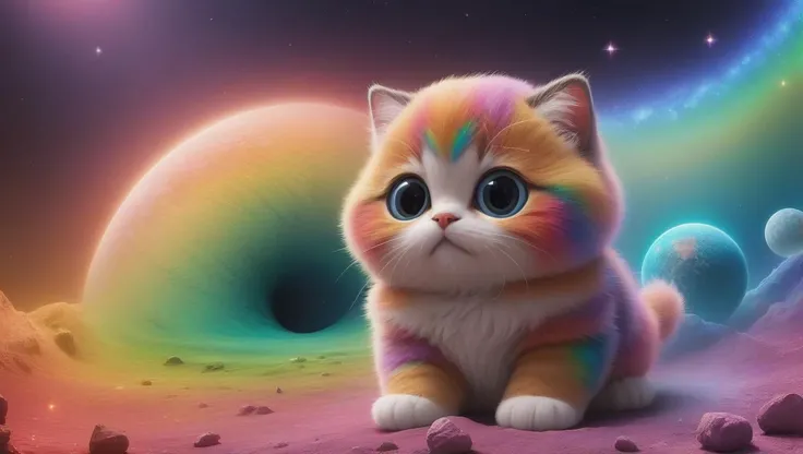 (realistic:1.3), realism, photo realistic, fluffy, cute and adorable, cute , cinematic smooth, intricate detail, cinematic, space, RGB rainbow colors, Creature, solar system, planets, space creature, fantasy, pet, enchanting, precious, loveable, funny, stars, nebula, bifrost, animal, SpaceShip, dopy, goofy, huge eyes, (wet:1.4), (hell scape background:1.3),  <lora:add-detail-xl:1>