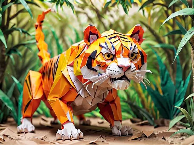 An origami tiger made of mate paper, attack pose, Naive painting style jungle background, realistic photo, studio lighting <lora:sdxl_lora_rustako:1.0>