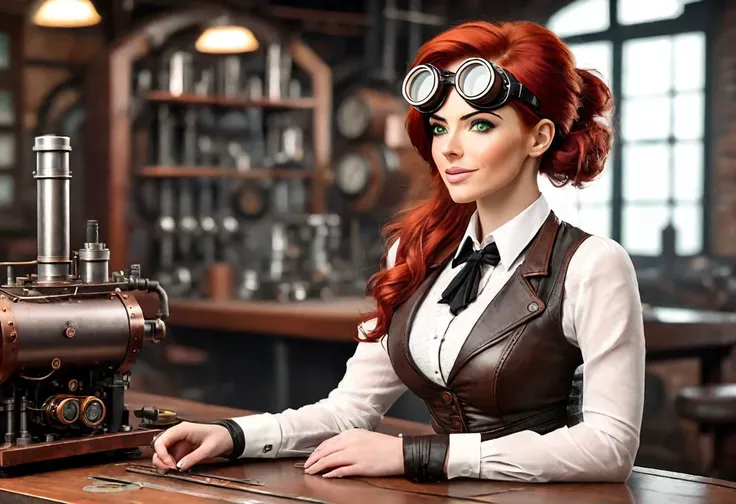 steampunk woman, 30 years old, red hair, green eyes looking at model steam piston on table, 4k, cinematic, realistic, happy, pov:1.3, modest outfit,leather jacket, waist coat, bow tie around neck, safety googles