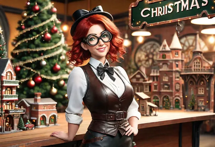steampunk woman, 30 years old, red hair, green eyes, standing in workshop, leaning 4k, cinematic, realistic, happy, modest outfit,leather jacket, waist coat, bow tie around neck, safety googles, looking at tiny model of christmas city on table, in background Giant christmas tree, sign hanging from ceiling read (Happy holidays), festive decor