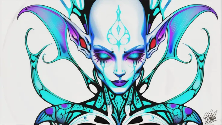 fantasy, psychedelic, aerial shot of a alien,ripped_white_bodysuit_nylon, crazy_eyes,, lust_demon,spell-casting,sheer_blood_mage_robes,tattoos,(glowing_vivid_inked_tattoos:1.4), breasts,nsfw,