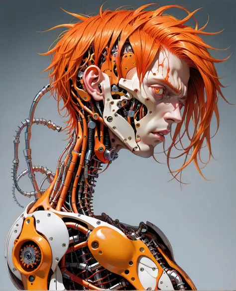 orange hair, detailed_eyes,masterpiece, top quality, best quality, official, beautiful and aesthetic, 1man, extreme detailed,colorful,highest detailed,ultra-detailed,real, an extremely brutal and regal,from side,dystopian tone,(1mechanical boy),solo,full body,machine made joints,mechanical limbs,blood vessels connected to tubes,(mechanical vertebra attaching to back),((mechanical servos attaching to neck)),(sitting),expressionless,(wires and cables attaching to neck),(wires and cables on head)(character focus),science ,(blood),rage,addressing the humans that remain,