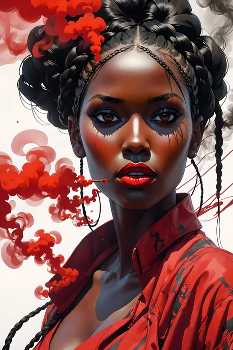 designed by greg manchess, smoke, Close Portrait of a woman, very dark skin, detailed eyes, braided black hair, detailed lips, cleavage,  futuristic, trending on art station, breathing red smoke, abstract, dynamic, photoreal, 8k, octane render by greg rutkowski, art by Carne Griffiths and Wadim Kashin ,in the style of Dau-al-Set, Pollock, and inspired by MAPPA and Zdzislaw Beksinski,  <lora:More Details:1.5> <lora:Noise Offset_v2:0.5> <lora:Muscle Slider_v1:05> <lora:Breast Size Slider_v1 (OFFSET):1>