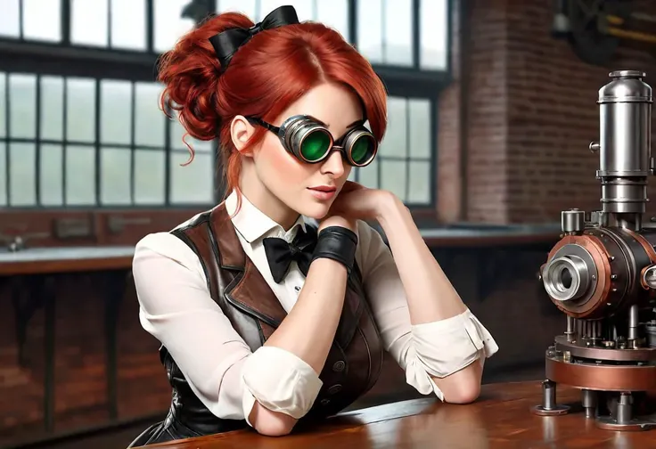 steampunk woman, 30 years old, red hair, green eyes looking at model steam piston on table, 4k, cinematic, realistic, happy, pov:1.3, modest outfit,leather jacket, waist coat, bow tie around neck, safety googles
