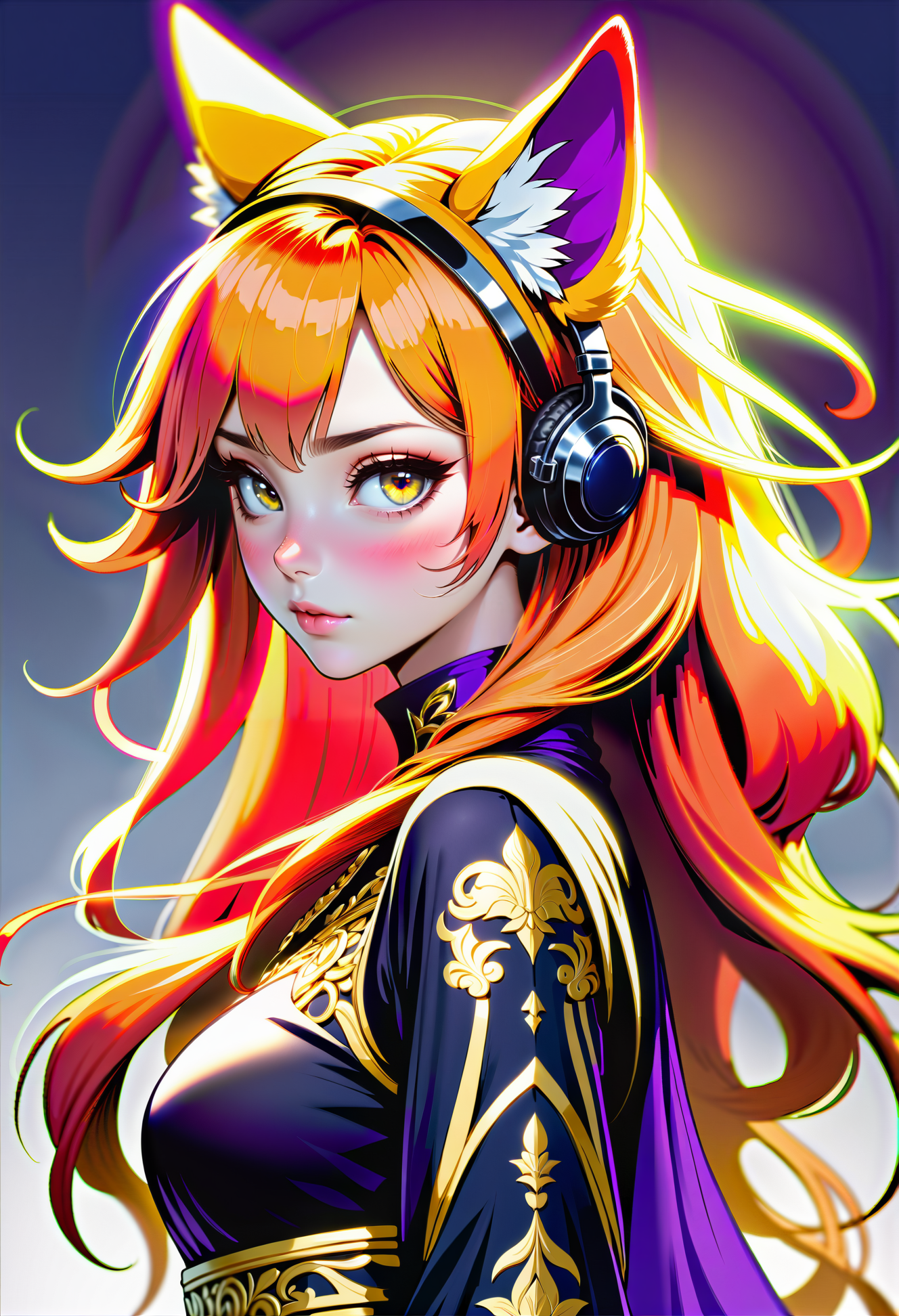 A woman with long hair wearing headphones and a cat ears - SeaArt AI