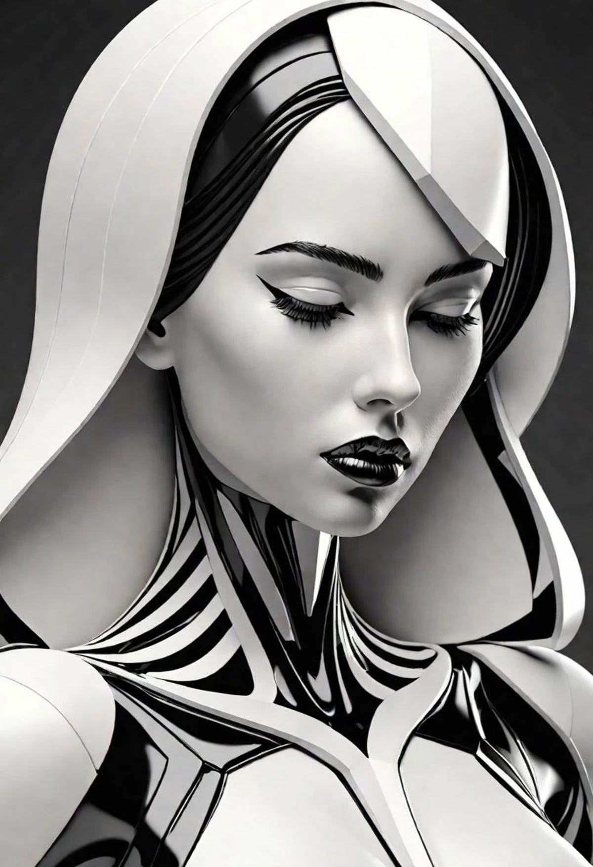 3D, hyper raliste, forme gomtrique impossible, femme entire de mtal, imbrique, lgante, harmonieuse, fine et esthtique, couleur inspire de l'art du Brutalisme, noir et blanc