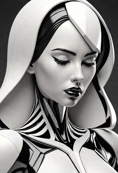 3D, hyper raliste, forme gomtrique impossible, femme entire de mtal, imbrique, lgante, harmonieuse, fine et esthtique, couleur inspire de l'art du Brutalisme, noir et blanc