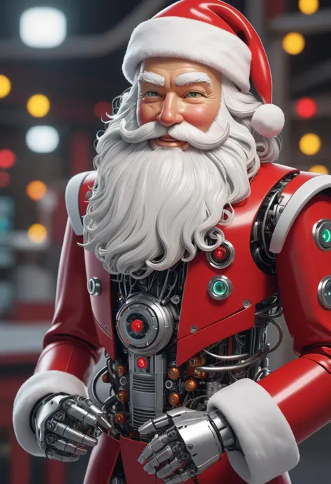 biomechanical cyberpunk reate an image of a joyful and jolly cybernetic robot Santa Claus at the North Pole, his eyes glowing with happiness as he oversees his workshop. The sleek robot design showcases intricate details while maintaining classic elements colors of the classic red suit, and white beard to embody the spirit of Christmas, . cybernetics, human-machine fusion, dystopian, organic meets artificial, dark, intricate, highly detailed