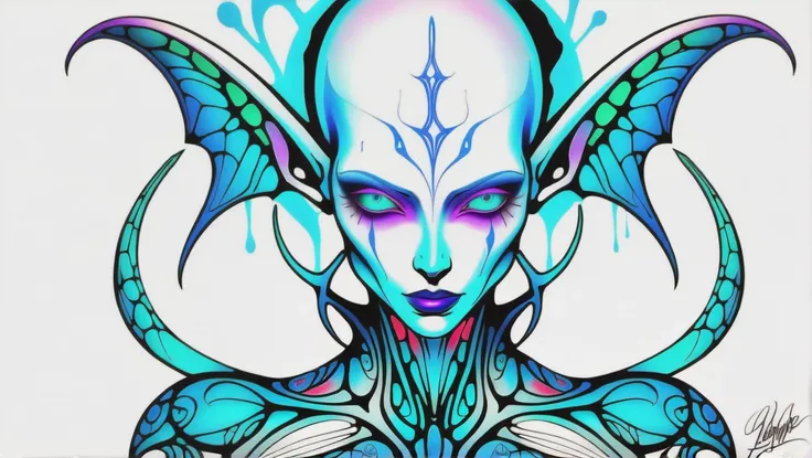 fantasy, psychedelic,  aerial shot of a alien,ripped_white_bodysuit_nylon, crazy_eyes,, lust_demon,spell-casting,sheer_blood_mage_robes,tattoos,(glowing_vivid_inked_tattoos:1.4), breasts,nsfw,