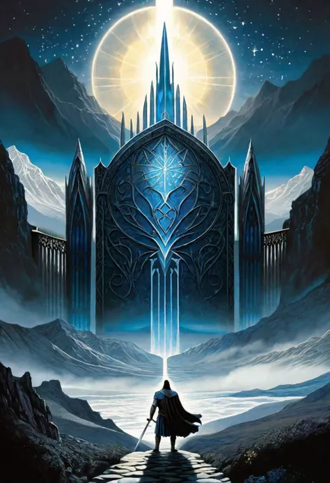(tolkien themed masterpiece:1.5), (best quality:1.5), (ultra detailed:1.5), (aesthetic + beautiful + harmonic:1.5), (symmetrical intricate details + sharpen symmetrical details) | (In that vast shadow once of yore Fingolfin stood: his shield he bore with field of heaven's blue and star of crystal shining pale afar.
In overmastering wrath and hate desperate he smote upon that gate, the Gnomish king, there standing lone, while endless fortresses of stoneengulfed the thin clear ringing keen of silver horn on baldric green. His hopeless challenge dauntless cried Fingolfin there: 'Come, open wide, dark king, your ghastly brazen doors! Come forth, whom earth and heaven abhors! Come forth, O monstrous craven lord, and fight with thine own hand and sword, thou wielder of hosts of banded thralls, thou tyrant leaguered with strong walls, thou foe of Gods and elvish race! I wait thee here. Come! Show thy face!':1.5)