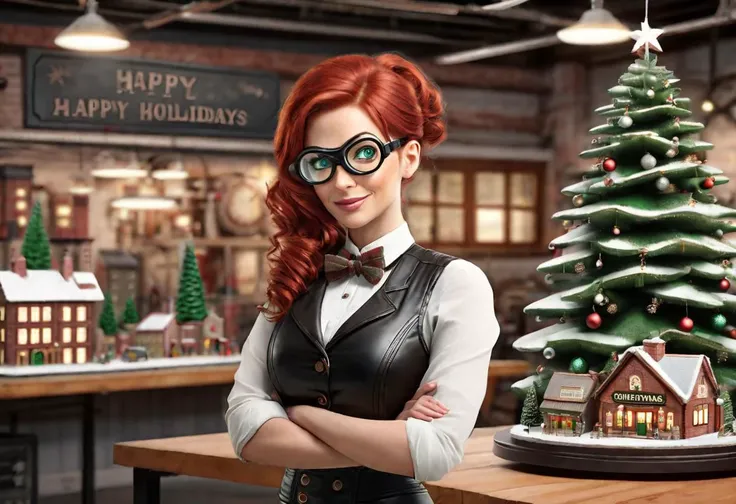 steampunk woman, 30 years old, red hair, green eyes, standing in workshop, leaning 4k, cinematic, realistic, happy, modest outfit,leather jacket, waist coat, bow tie around neck, safety googles, looking at tiny model of christmas city on table holding building in hand, in background Giant christmas tree, sign hanging from ceiling read (Happy holidays)