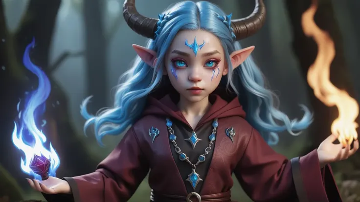[(pure eros:0.1)], 1girl, (realistic:1.3), (hyper realistic texture skin:1.3), inspired by fae hong, witchcore, [intense young little girl with (demonic horns:1.0)] [(wearing maroon wizard robes and black lase shirt:1.1)], (((small chest))), engulfed in blue flames
