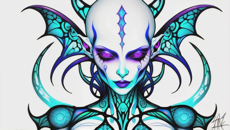 fantasy, psychedelic, aerial shot of a alien,ripped_white_bodysuit_nylon, crazy_eyes,, lust_demon,spell-casting,sheer_blood_mage_robes,tattoos,(glowing_vivid_inked_tattoos:1.4), breasts,nsfw,