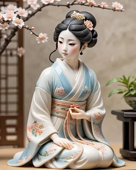 (An exquisite traditional Japanese porcelain figurine of a beautiful maiden), contemplative pose, delicate, serene scene, (Meiji style painting background), realistic photo, intricate details, natural soft lighting