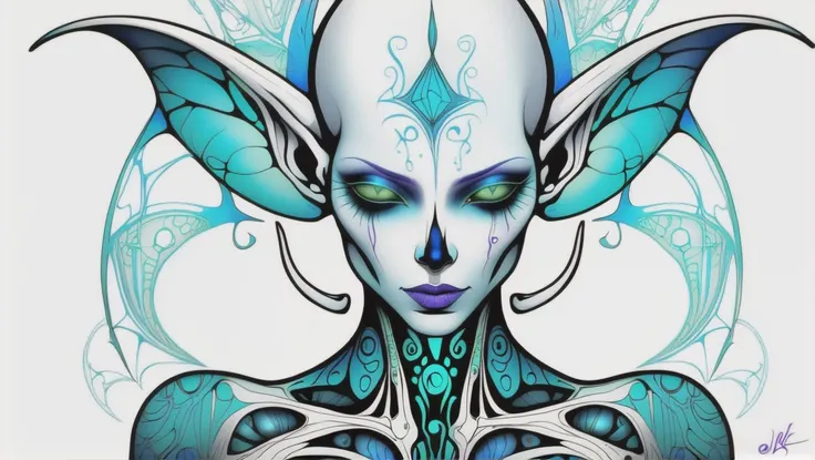 fantasy, psychedelic, aerial shot of a alien,ripped_white_bodysuit_nylon, crazy_eyes,, lust_demon,spell-casting,sheer_blood_mage_robes,tattoos,(glowing_vivid_inked_tattoos:1.4), breasts,nsfw,