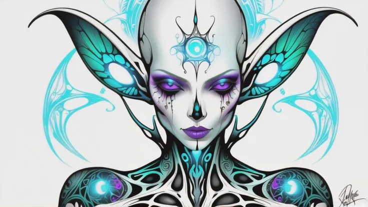 fantasy, psychedelic, aerial shot of a alien,ripped_white_bodysuit_nylon, crazy_eyes,, lust_demon,spell-casting,sheer_blood_mage_robes,tattoos,(glowing_vivid_inked_tattoos:1.4), breasts,nsfw,